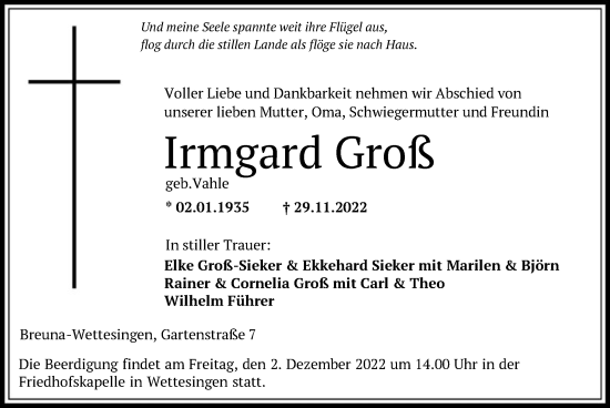 Traueranzeige von Irmgard Groß von HNA