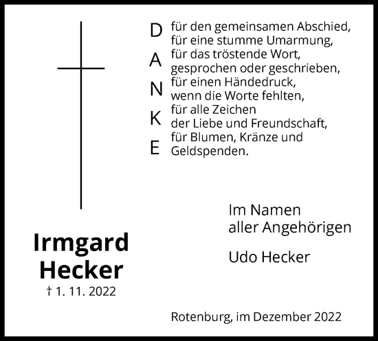 Traueranzeige von Irmgard Hecker von HNA