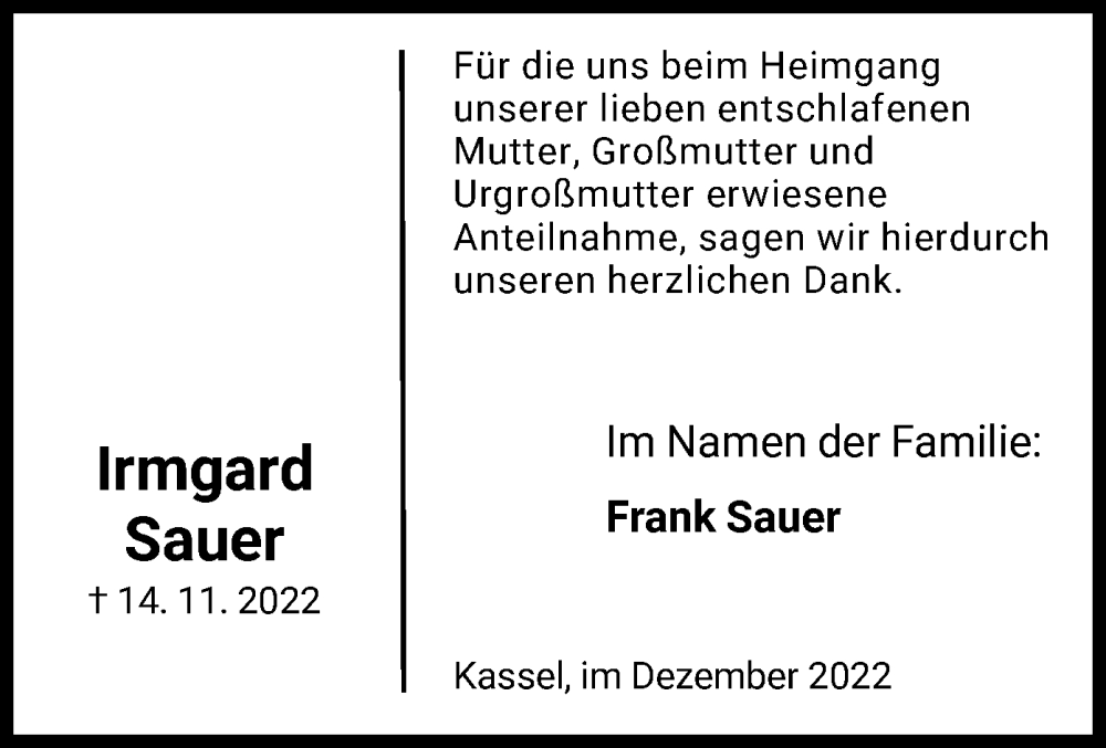  Traueranzeige für Irmgard Sauer vom 10.12.2022 aus HNA