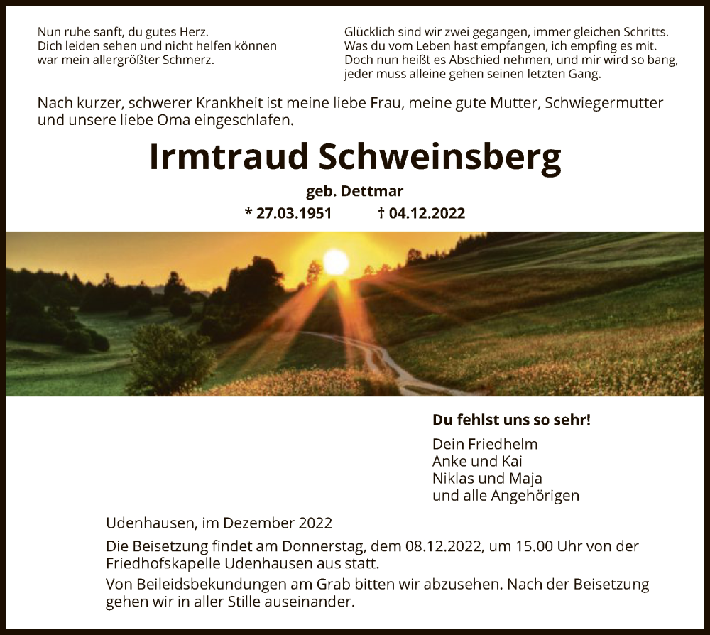  Traueranzeige für Irmtraud Schweinsberg vom 07.12.2022 aus HNA