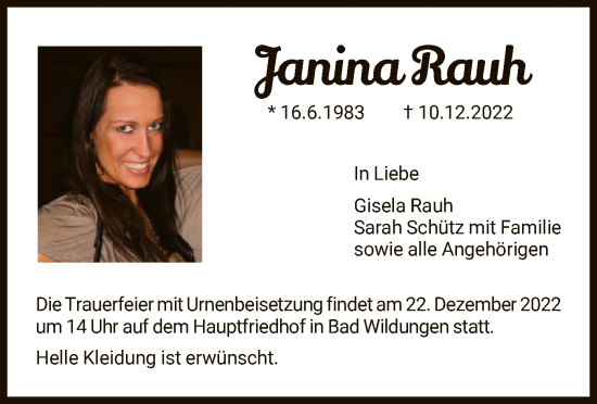 Traueranzeige von Janina Rauh von HNA