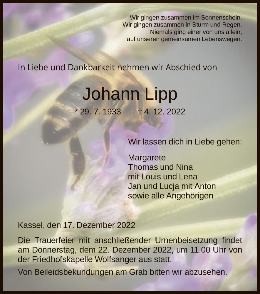 Traueranzeige für Johann Lipp vom 17.12.2022 aus HNA