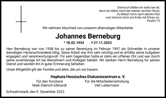 Traueranzeige von Johannes Berneburg von HNA