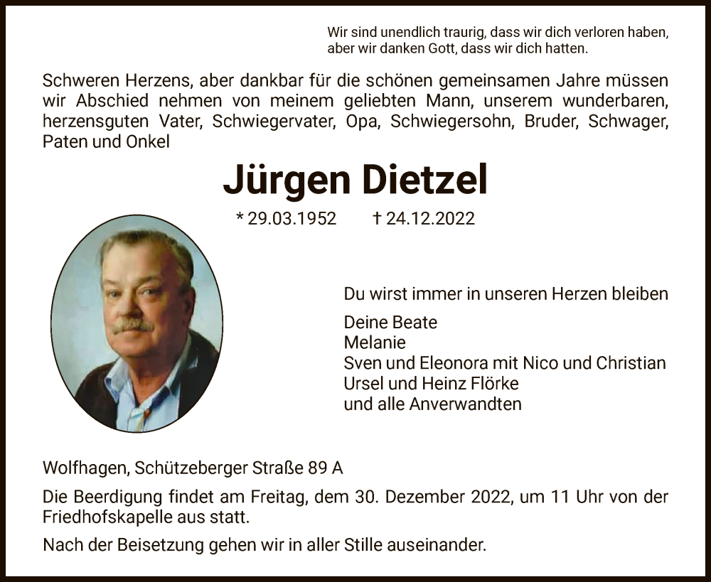  Traueranzeige für Jürgen Dietzel vom 28.12.2022 aus HNA