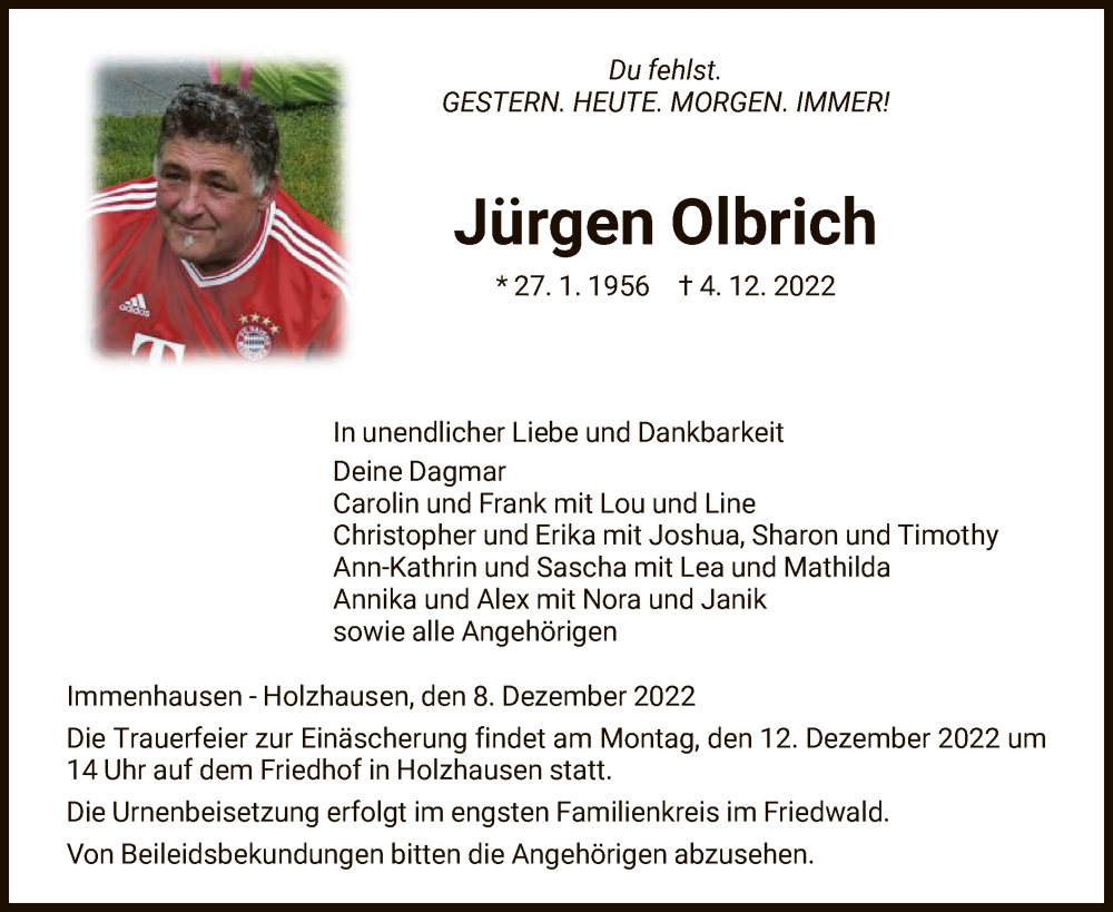  Traueranzeige für Jürgen Olbrich vom 08.12.2022 aus HNA