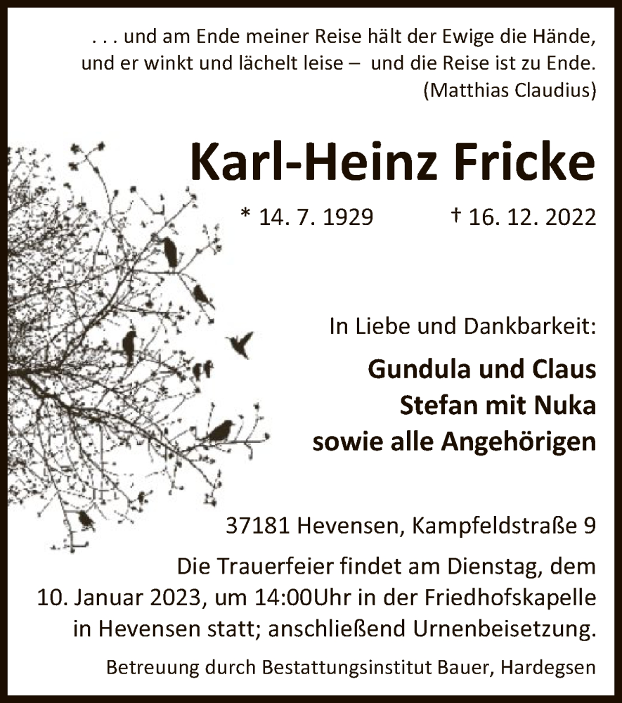  Traueranzeige für Karl-Heinz Fricke vom 24.12.2022 aus HNA