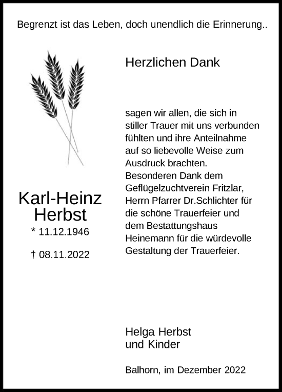 Traueranzeige von Karl-Heinz Herbst von HNA