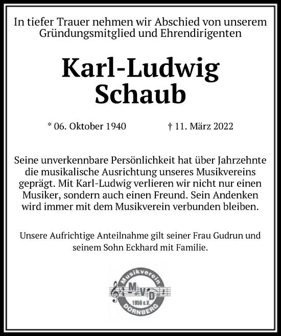 Traueranzeige von Karl-Ludwig Schaub von HNA