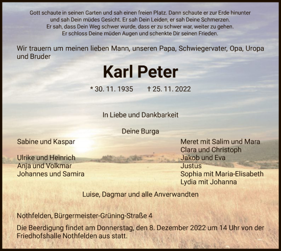 Traueranzeige von Karl Peter von HNA