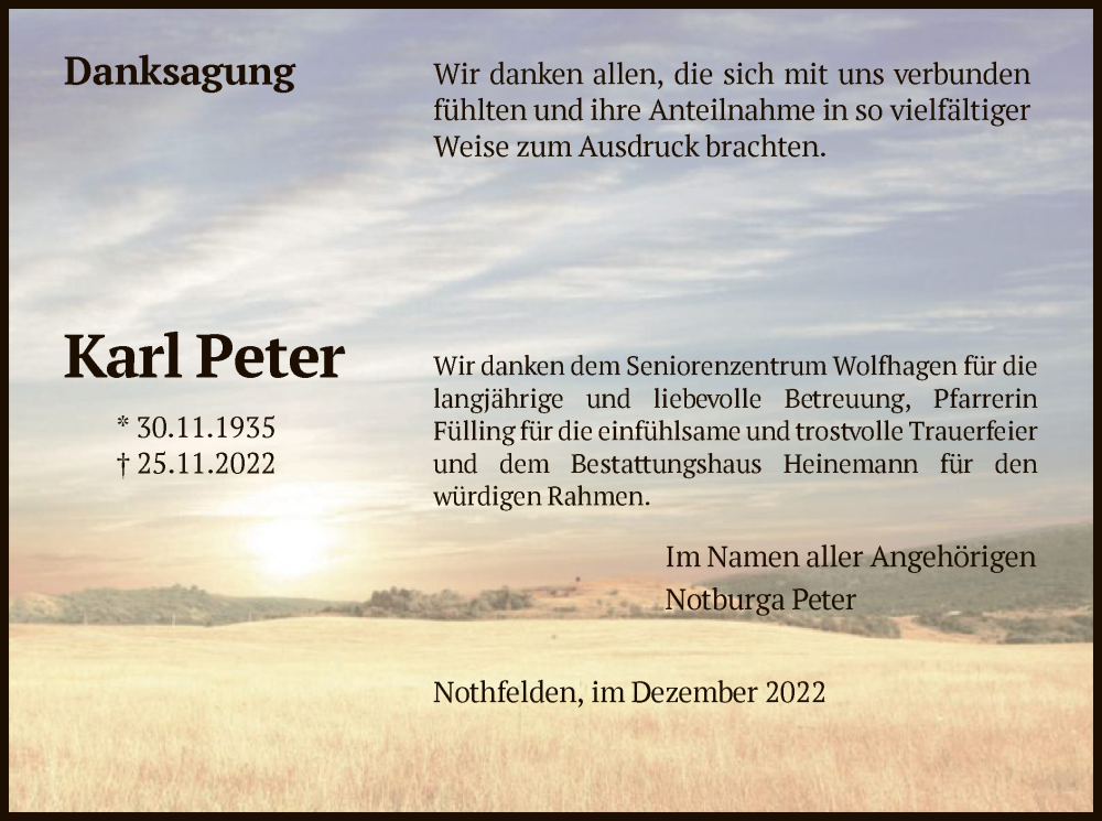  Traueranzeige für Karl Peter vom 31.12.2022 aus HNA