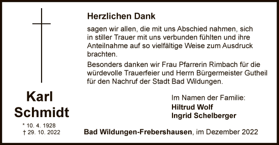 Traueranzeige von Karl Schmidt von HNA