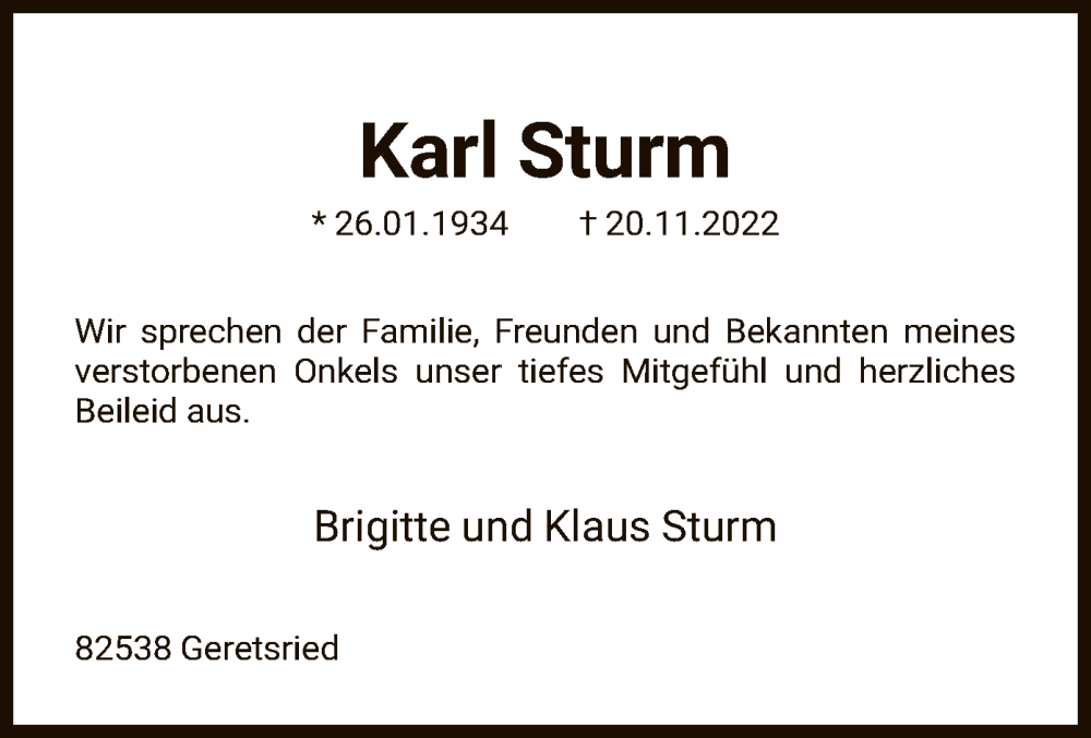  Traueranzeige für Karl Sturm vom 13.12.2022 aus HNA
