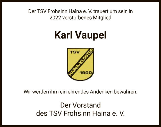 Traueranzeige von Karl Vaupel von HNA