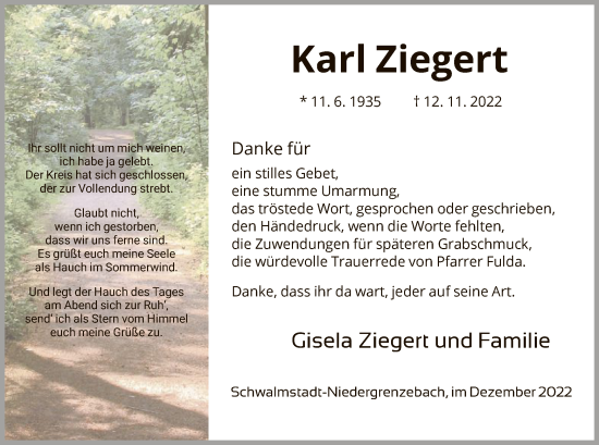 Traueranzeige von Karl Ziegert von HNA