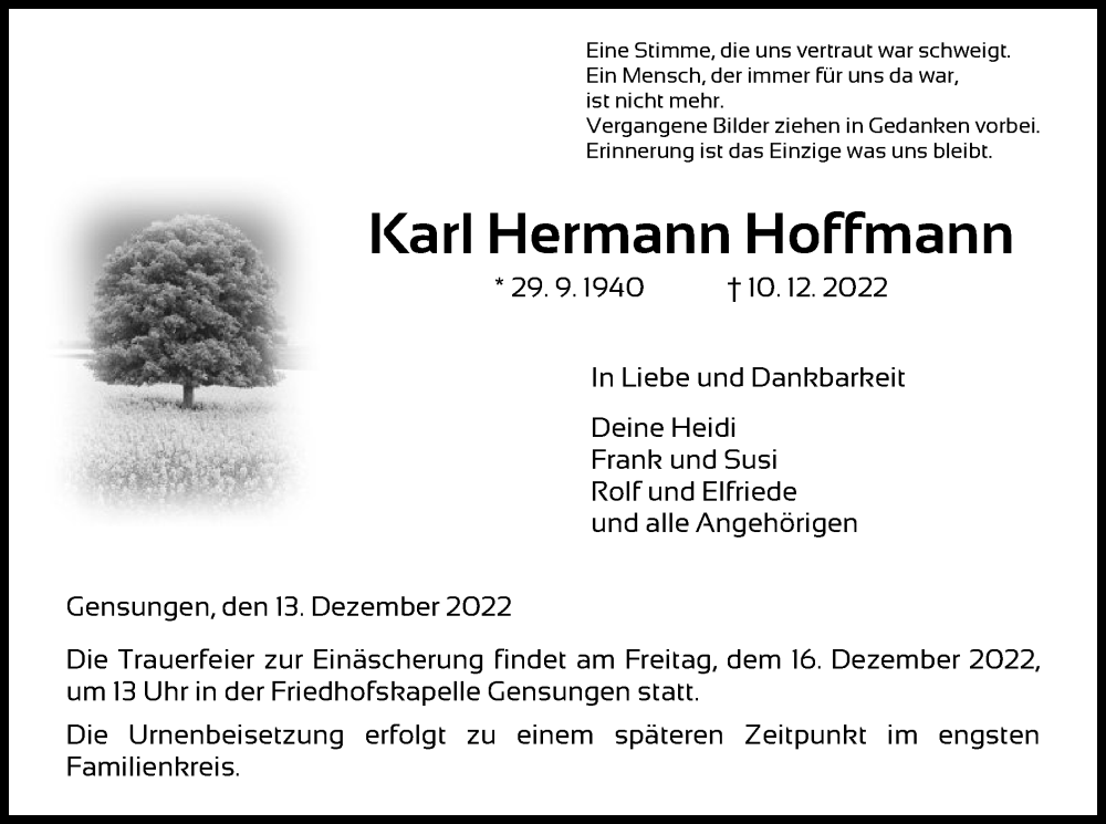  Traueranzeige für Karl Hermann Hoffmann vom 13.12.2022 aus HNA