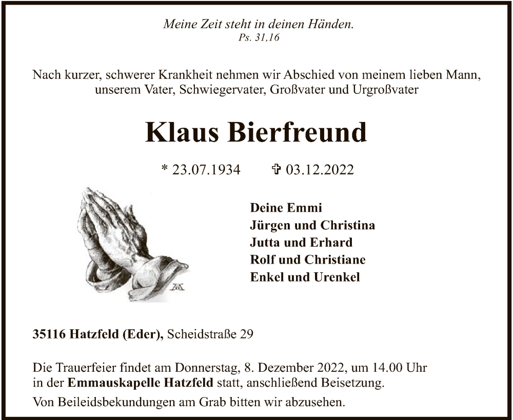  Traueranzeige für Klaus Bierfreund vom 06.12.2022 aus HNA