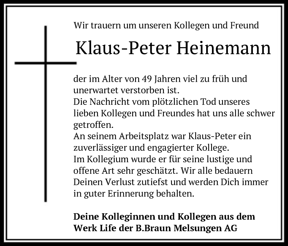 Traueranzeigen Von Klaus-Peter Heinemann | Trauer.HNA.de