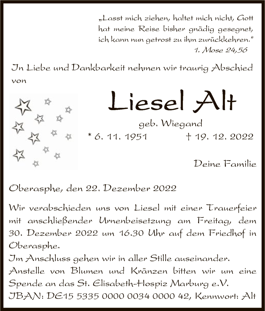  Traueranzeige für Liesel Alt vom 22.12.2022 aus HNA