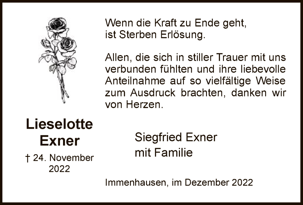  Traueranzeige für Lieselotte Exner vom 17.12.2022 aus HNA