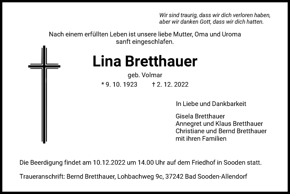  Traueranzeige für Lina Bretthauer vom 07.12.2022 aus HNA