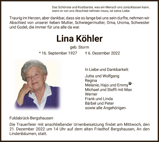 Traueranzeige von Lina Köhler von HNA