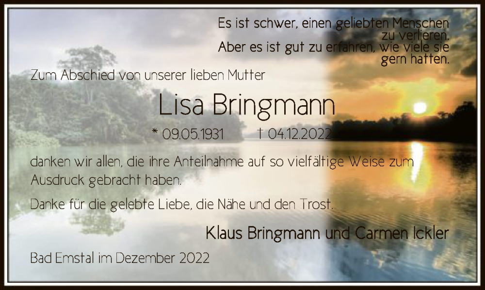  Traueranzeige für Lisa Bringmann vom 31.12.2022 aus HNA