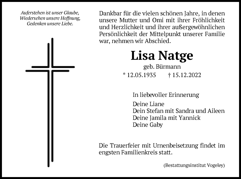  Traueranzeige für Lisa Natge vom 31.12.2022 aus HNA