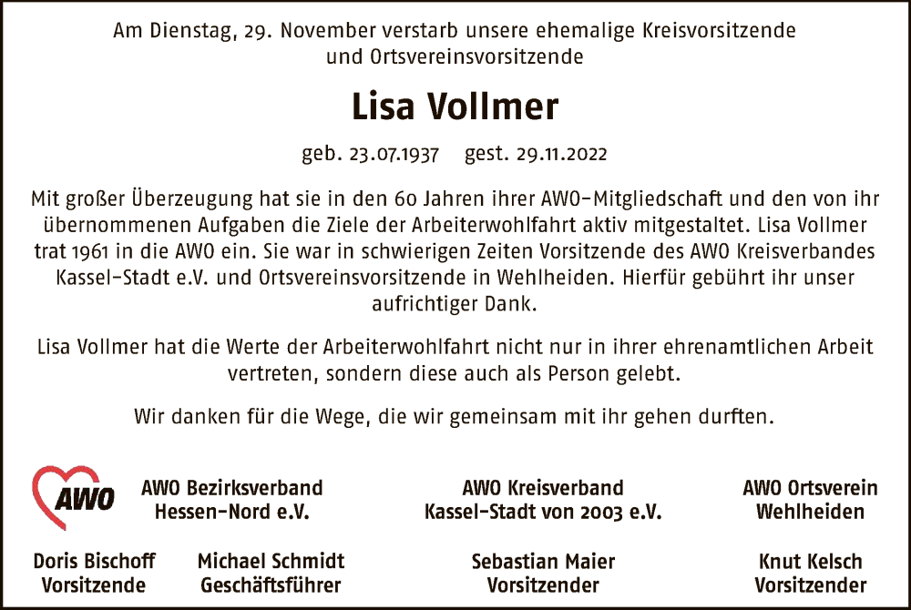  Traueranzeige für Lisa Vollmer vom 10.12.2022 aus HNA