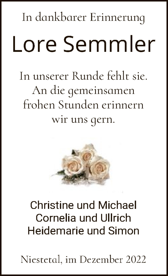 Traueranzeige von Lore Semmler von HNA