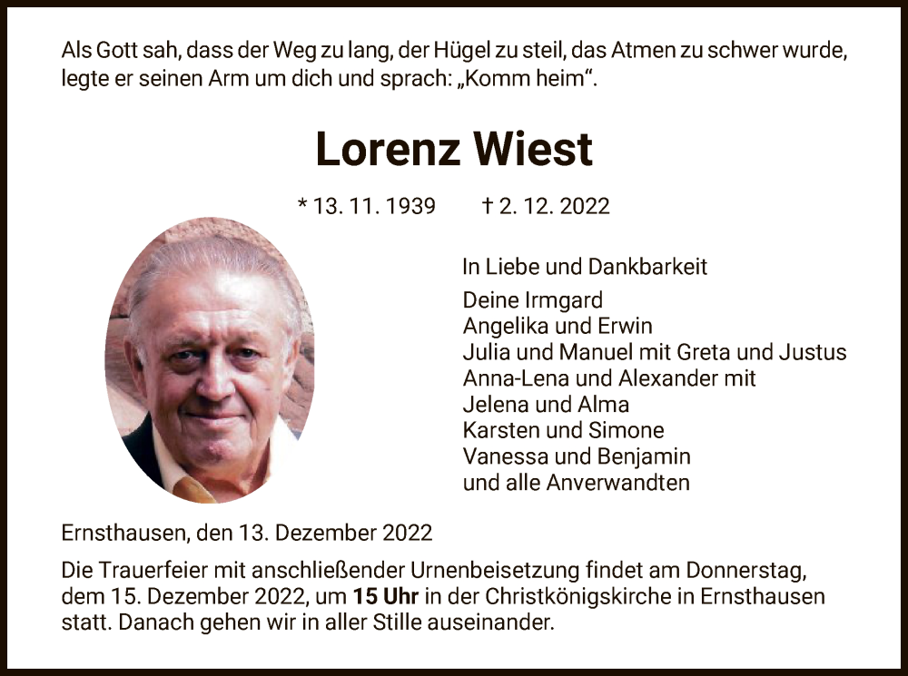  Traueranzeige für Lorenz Wiest vom 13.12.2022 aus HNA