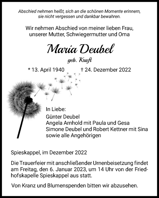 Traueranzeige von Maria Deubel von HNA