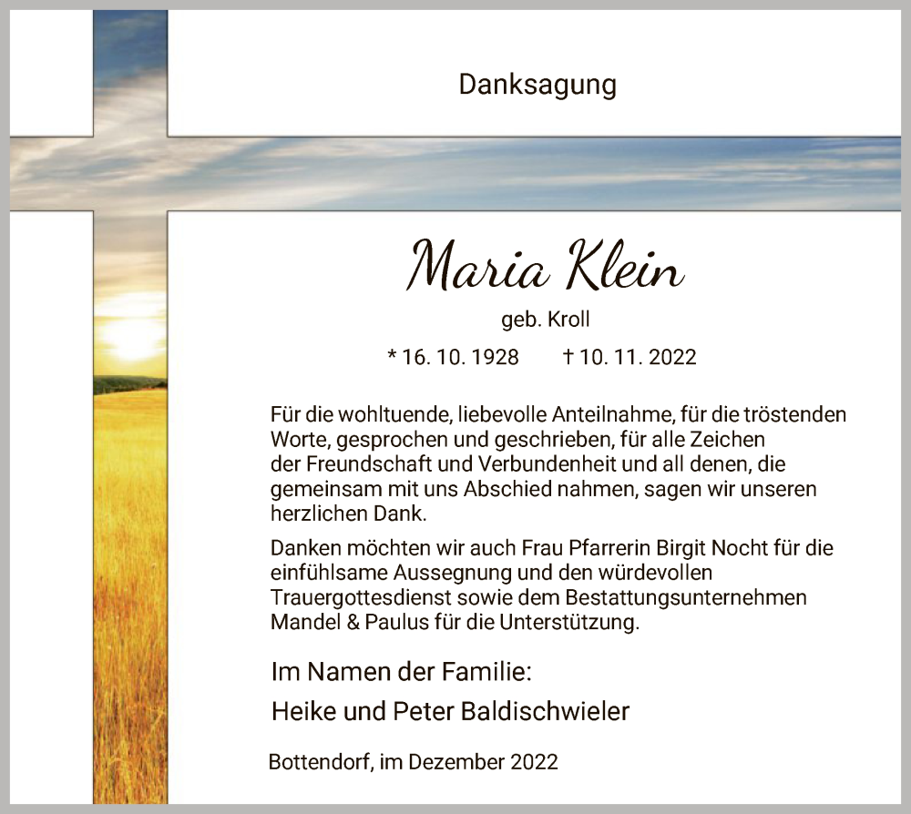  Traueranzeige für Maria Klein vom 20.12.2022 aus HNA