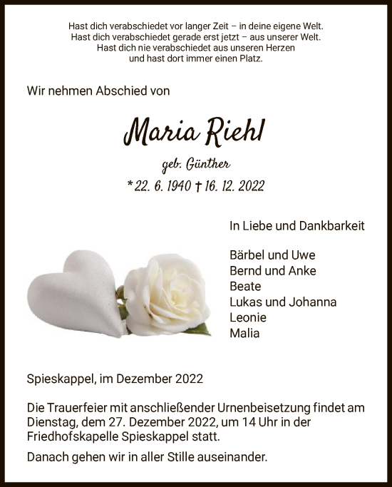 Traueranzeige von Maria Riehl von HNA