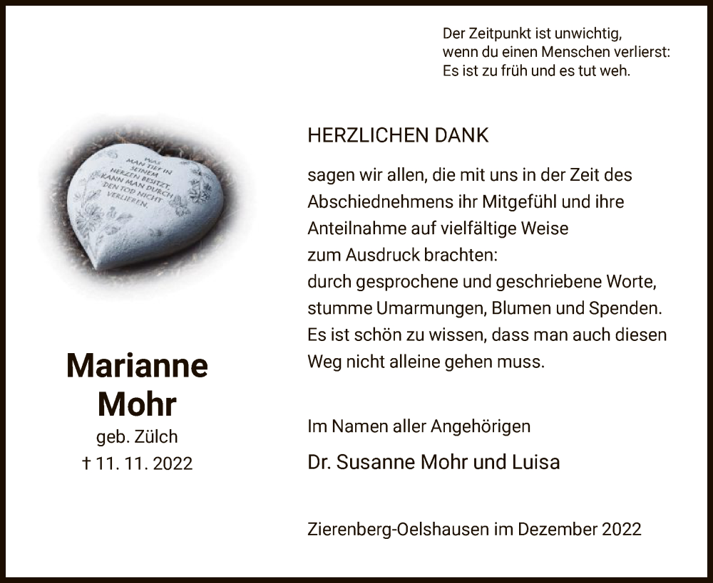  Traueranzeige für Marianne Mohr vom 17.12.2022 aus HNA