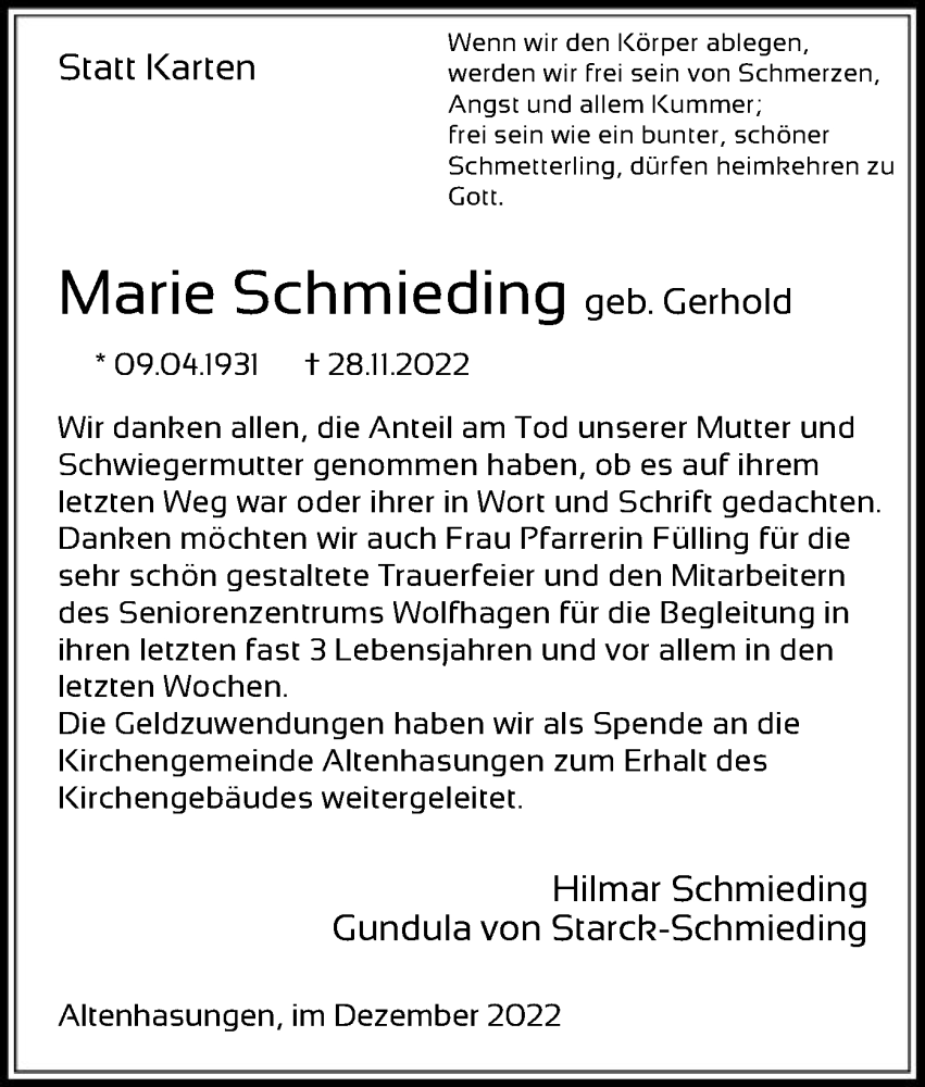  Traueranzeige für Marie Schmieding vom 21.12.2022 aus HNA