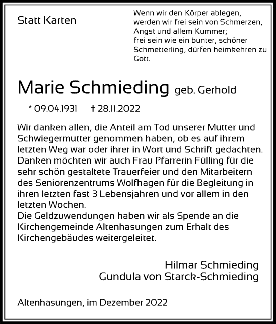 Traueranzeige von Marie Schmieding von HNA