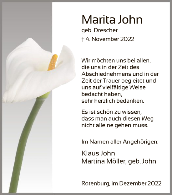 Traueranzeige von Marita John von HNA