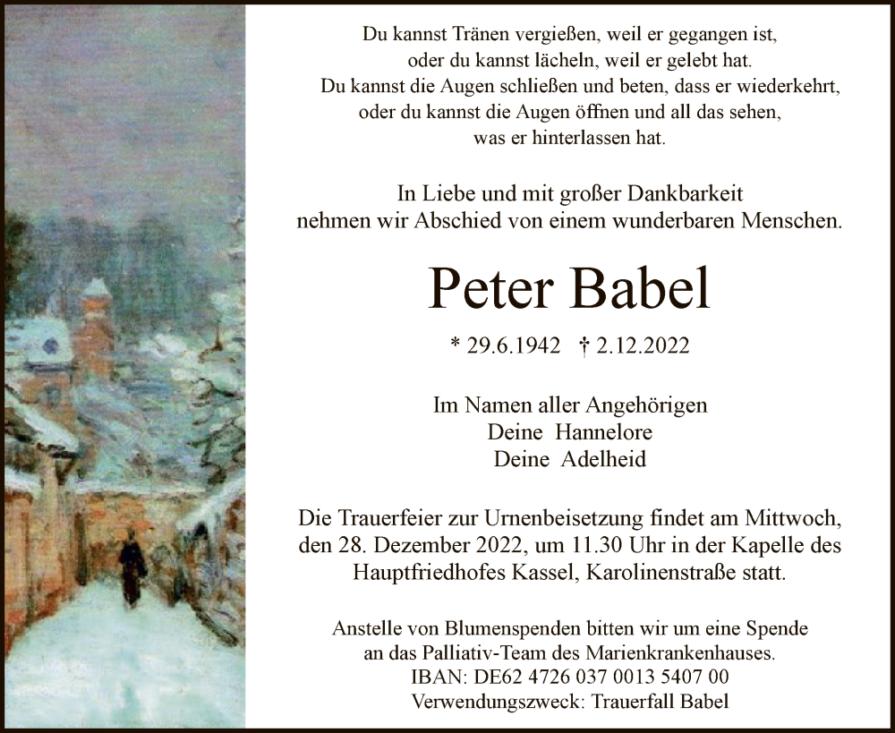 Traueranzeige für Peter Babel vom 17.12.2022 aus HNA