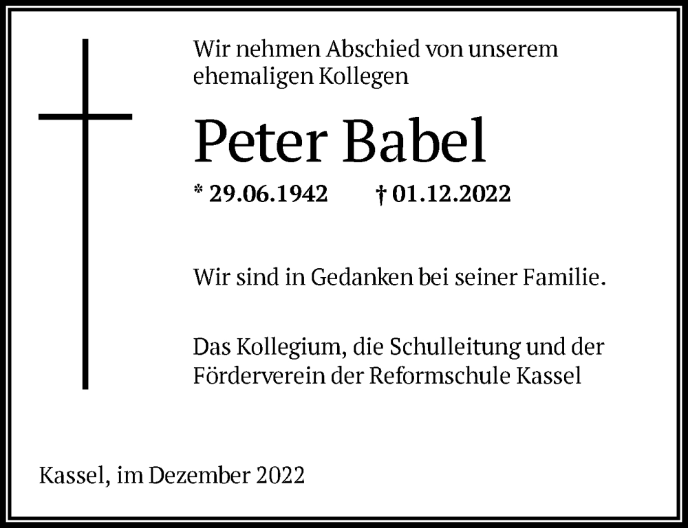  Traueranzeige für Peter Babel vom 17.12.2022 aus HNA