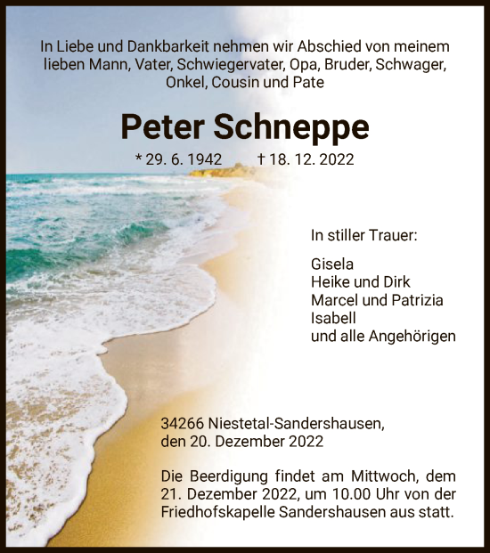 Traueranzeige von Peter Schneppe von HNA