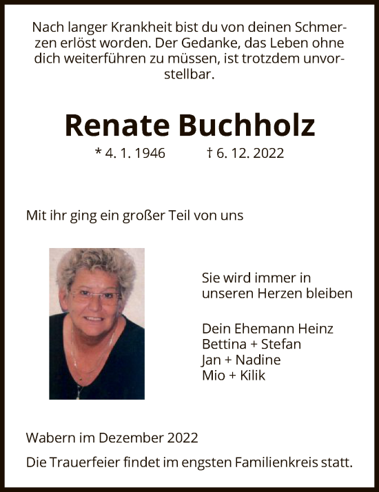 Traueranzeige von Renate Buchholz von HNA