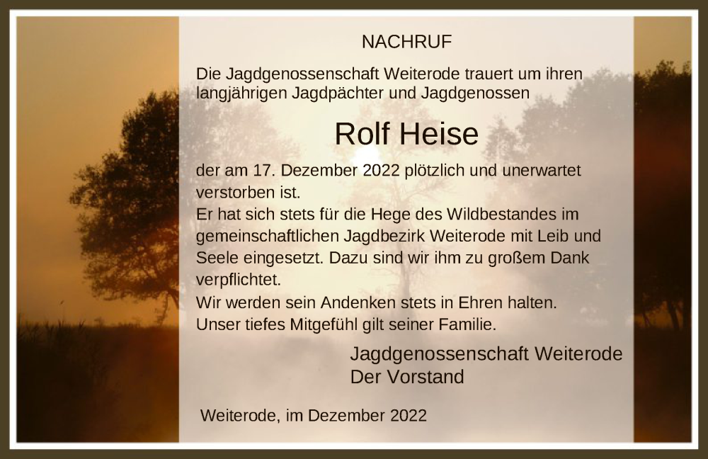  Traueranzeige für Rolf Heise vom 23.12.2022 aus HNA