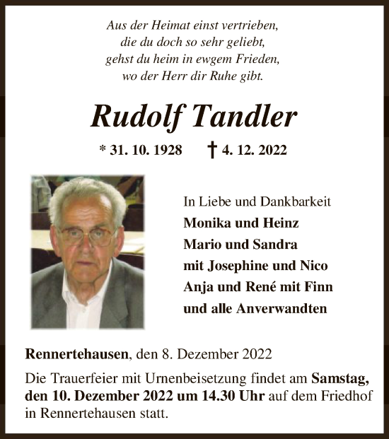 Traueranzeige von Rudolf Tandler von HNA