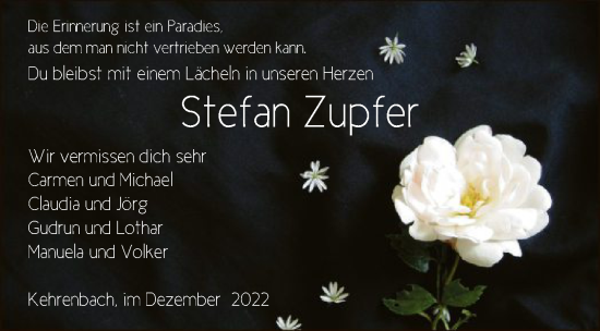 Traueranzeige von Stefan Zupfer von HNA