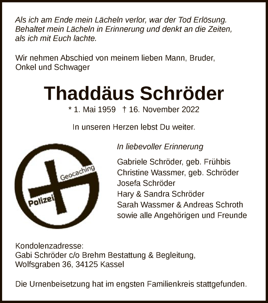  Traueranzeige für Thaddäus Schröder vom 17.12.2022 aus HNA