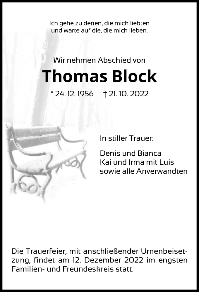  Traueranzeige für Thomas Block vom 10.12.2022 aus HNA