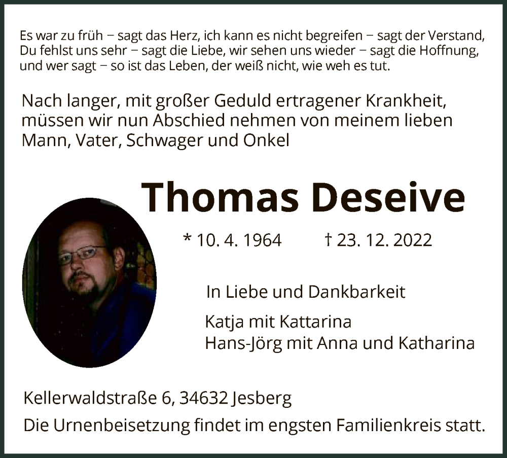  Traueranzeige für Thomas Deseive vom 31.12.2022 aus HNA