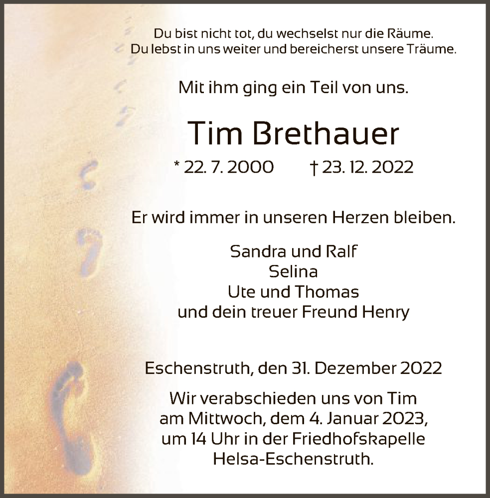  Traueranzeige für Tim Brethauer vom 31.12.2022 aus HNA