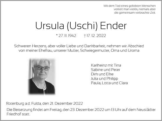 Traueranzeige von Ursula Ender von HNA
