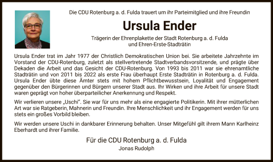 Traueranzeige von Ursula Ender von HNA